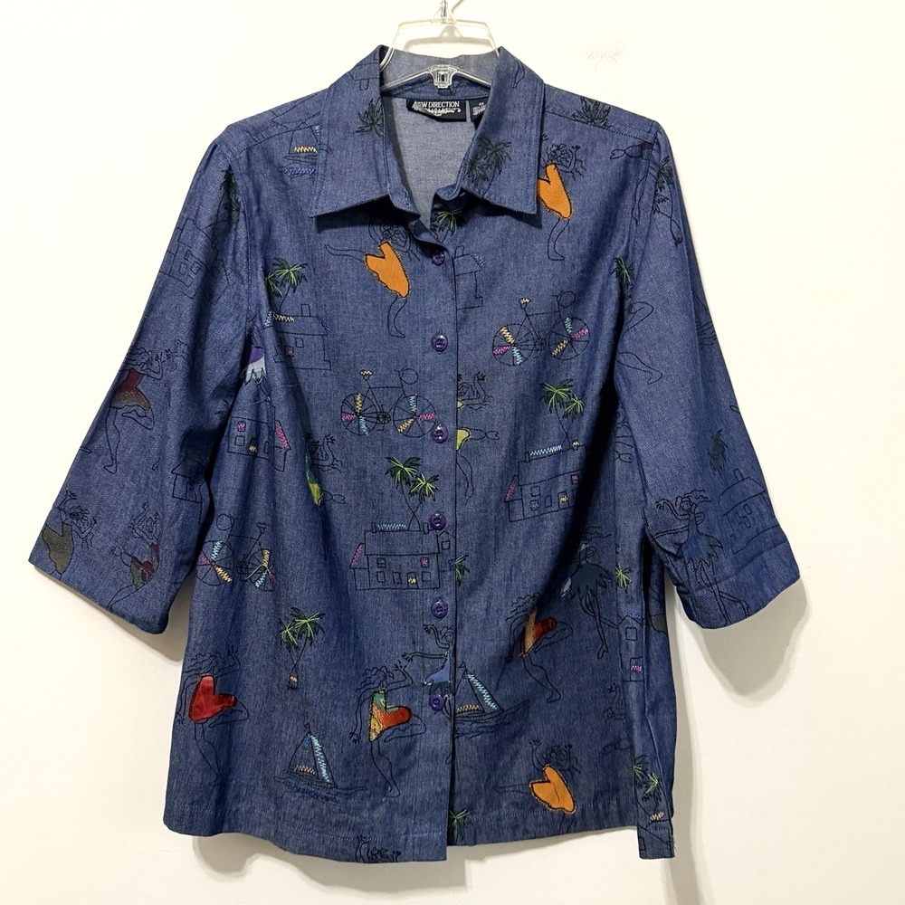 New Direction Denim Womens Blouse Shirt OX Plus 3/4 Sleeve Tropical Bike Vintage